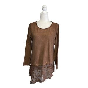 Soft Surroundings Brown Asymmetrical Hem Lace Long Sleeve Tunic Blouse Medium